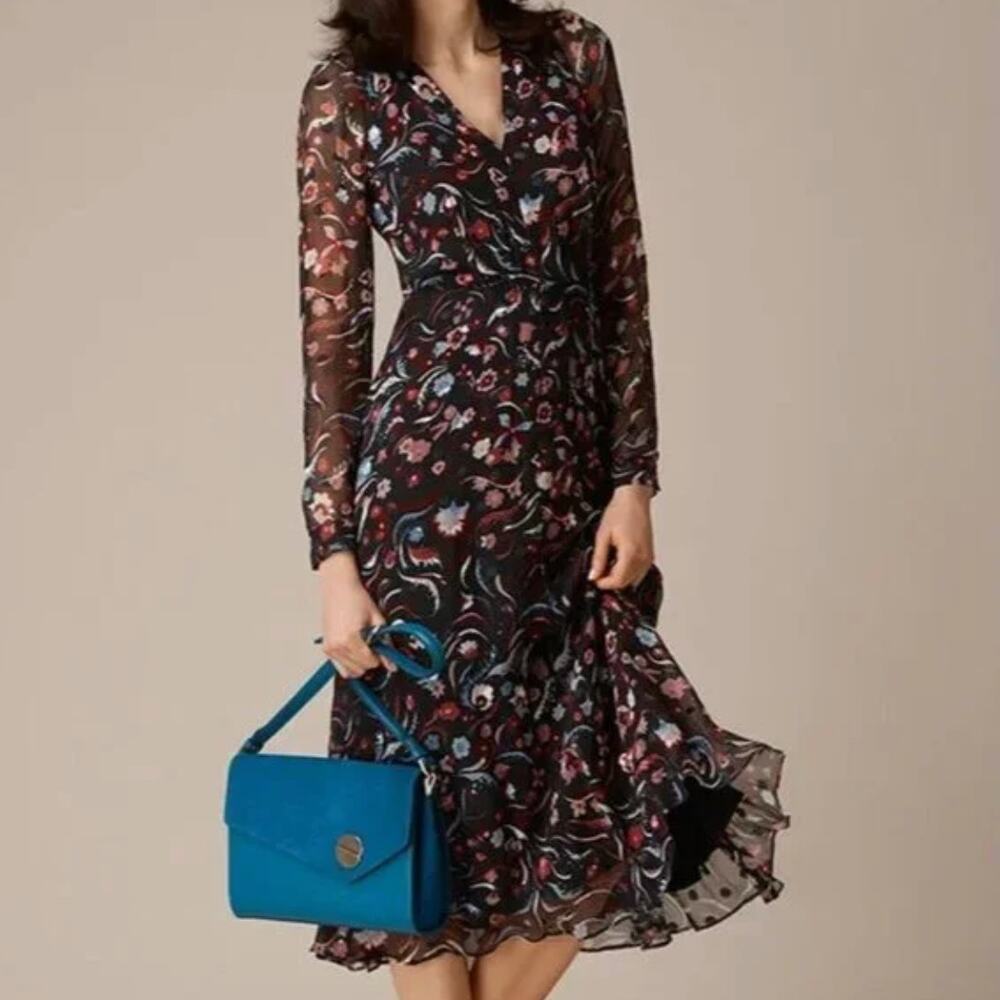 LK Bennett Women's Dr Ally Black Floral Silk Long Sleeve Dress Size 4